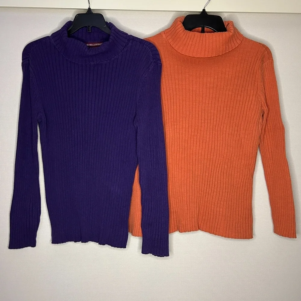 Jessica London Ribbed Turtleneck Sweaters Lot 2 Purple Orange Cotton 18/20 Fall